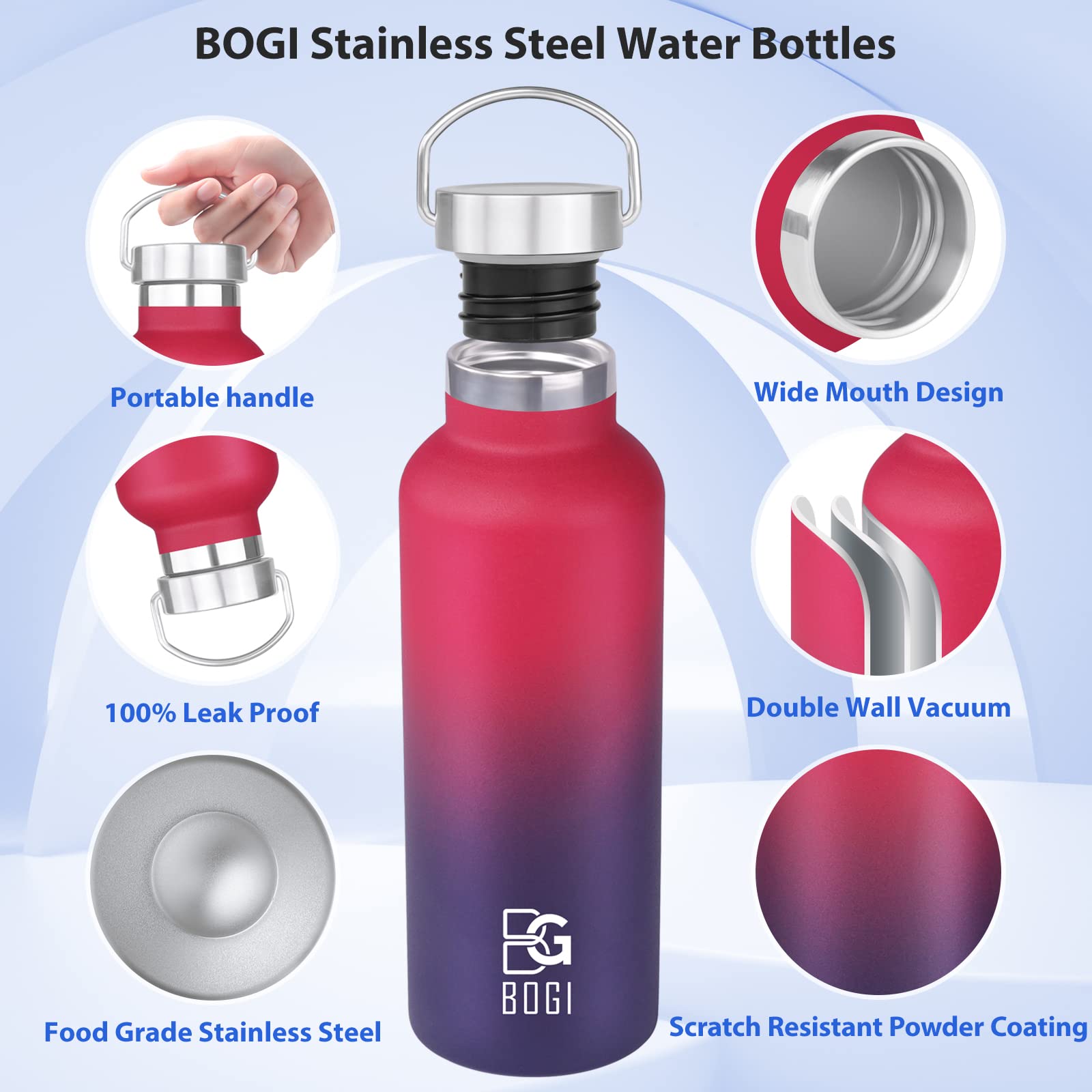 BOGI Stainless Steel Water Bottle  25oz Vacuum Insulated Water Bottle with Straw Lid  BPA Free Leakproof Wide Mouth Water Bottle-Keep Liquids Hot or Cold for Outdoor Sports Camping Biking (DRed)